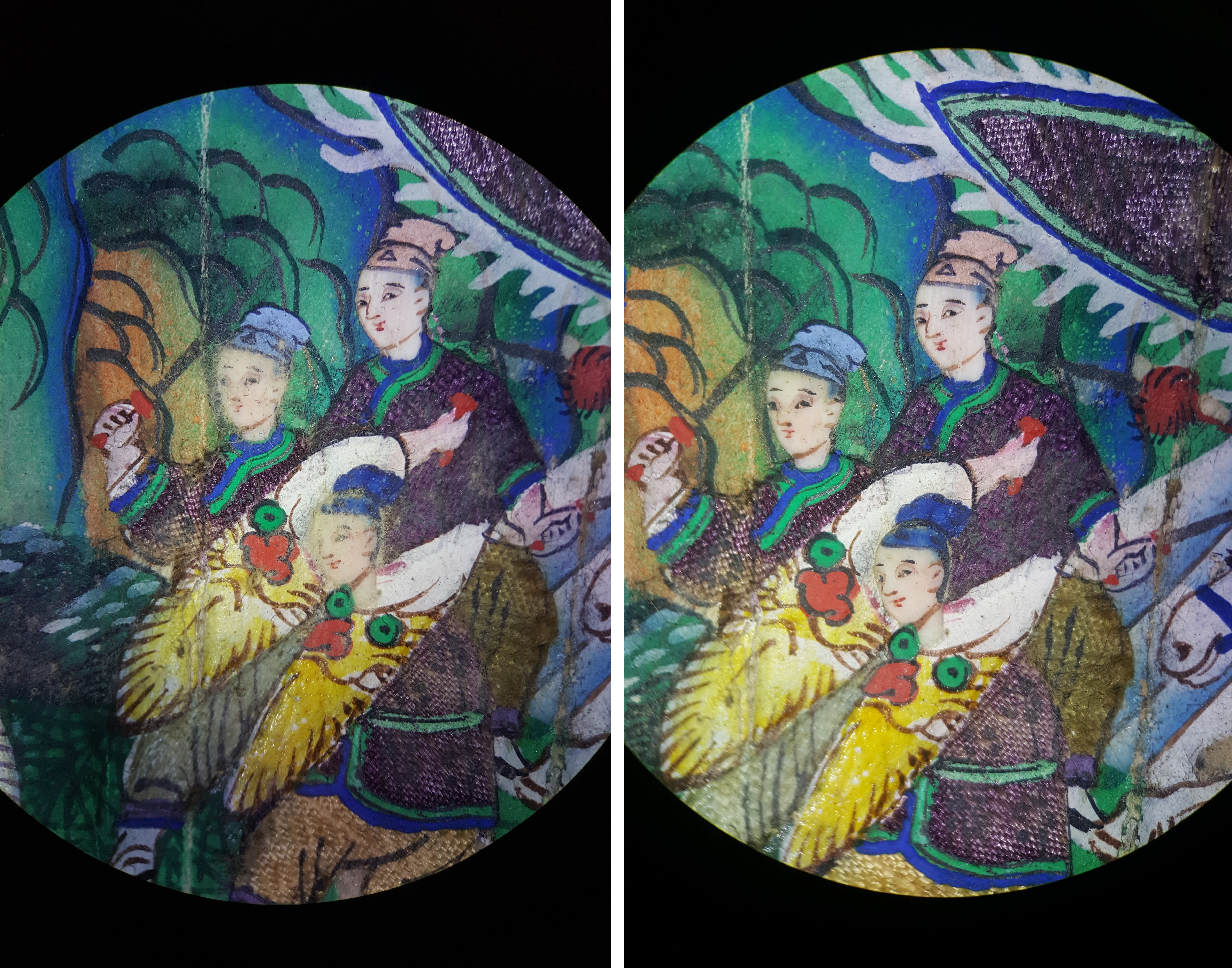 Two photos showing details of the same area of the fan where there are three figures in purple robes on a busy background. In the left image, there is dust and debris on the surface, particularly obscuring the faces of the figures. On the right, this has been cleaned off the surface.